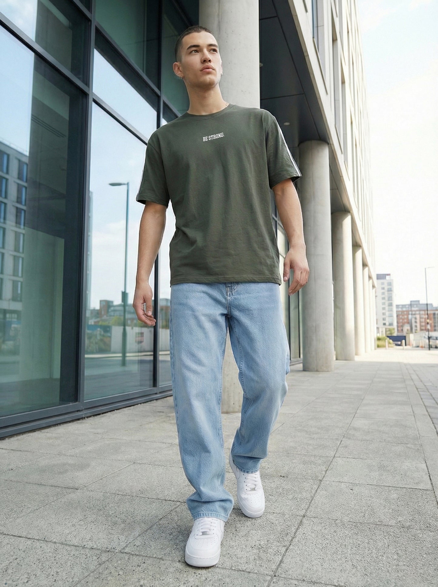 Men’s Olive Green Oversized T-Shirt | Be Strong Minimal Print Streetwear Tee