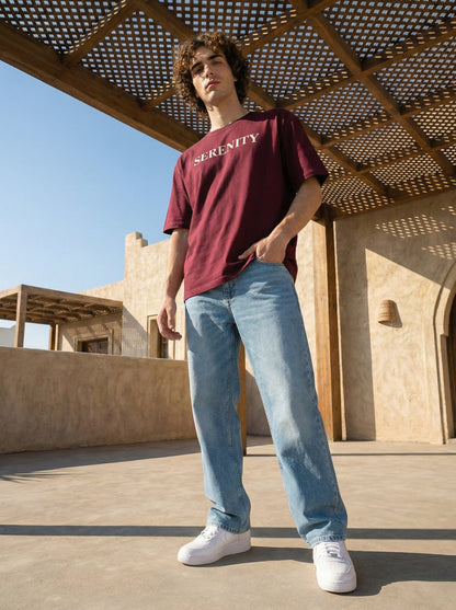 Maroon Serenity Bandana Print Oversized T-Shirt for Men | Cotton Blend Back Graphic Streetwear Tee