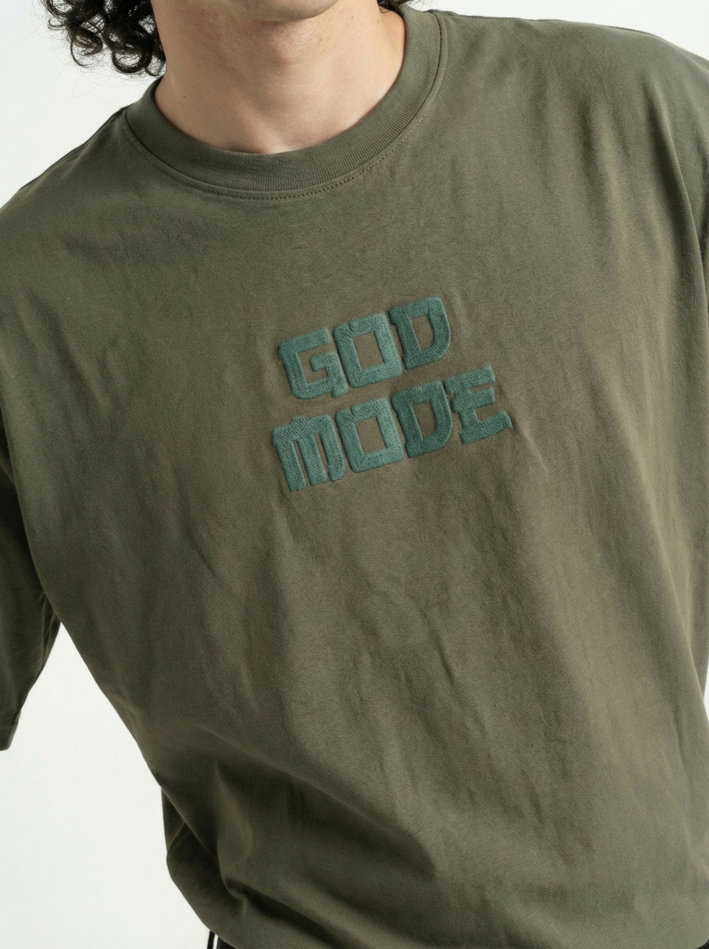 Men’s Olive Green Oversized T-Shirt with Angel Wings Print | God Mode Back Graphic Tee