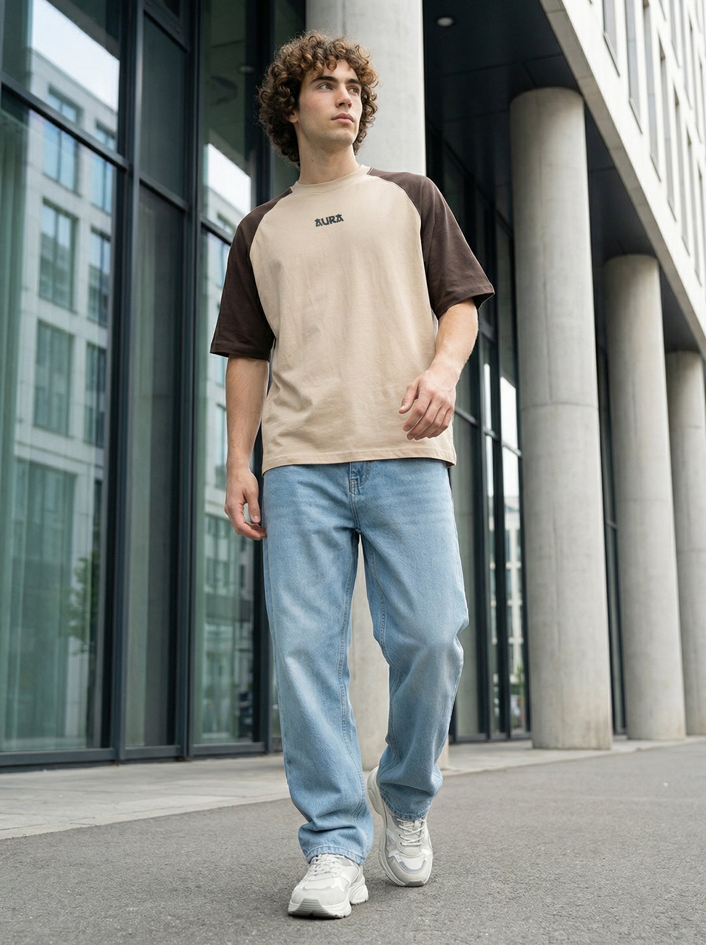 Men’s Casual Oversized Tee – Raglan Sleeve Beige Brown Cotton T-Shirt