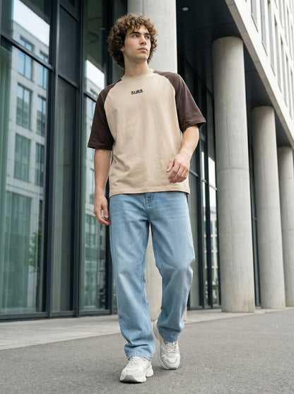 Men’s Casual Oversized Tee – Raglan Sleeve Beige Brown Cotton T-Shirt