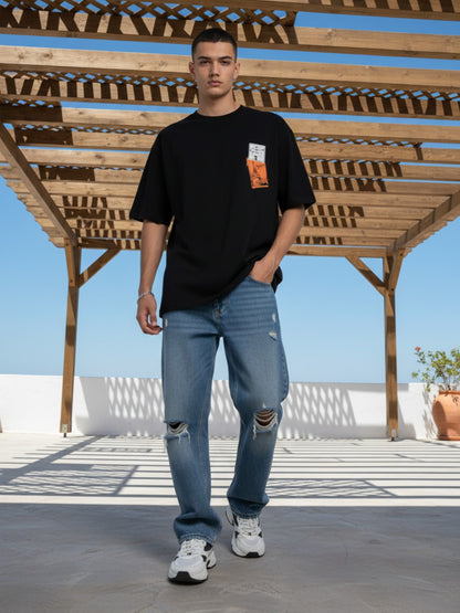 Men’s Oversized Cotton T-Shirt – Black Back Print Graphic Casual Tee