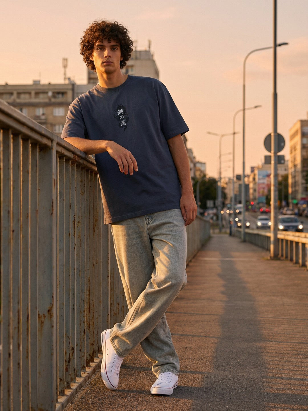 Men’s Cotton Blend Oversized T-Shirt – Minimal Dragon Print Casual Wear Tee