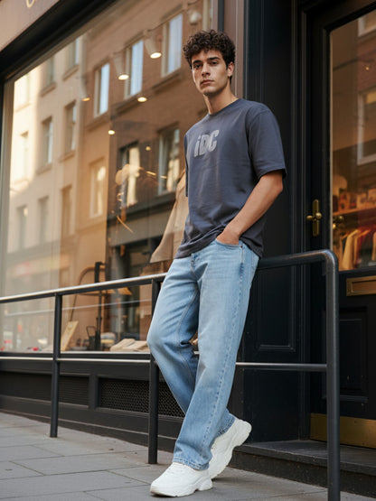 Men’s Oversized Grey Graphic T-Shirt – “I Don’t Care” Back Print | Cotton Blend Drop Shoulder Streetwear Tee
