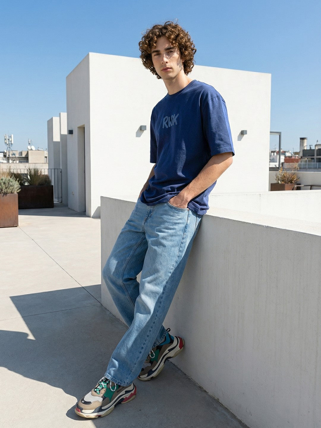 Men’s Navy Blue Oversized Typography Graphic T-Shirt – “Risk is Better Than Regret” Back Print Streetwear Tee