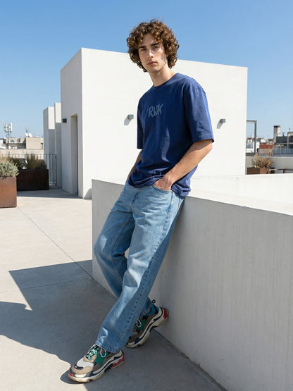 Men’s Navy Blue Oversized Typography Graphic T-Shirt – “Risk is Better Than Regret” Back Print Streetwear Tee