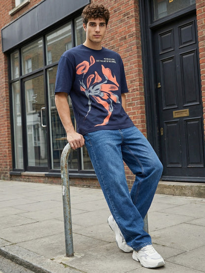 Men’s Oversized Navy Blue Graphic T-Shirt – Abstract Art Print | Cotton Blend Drop Shoulder Tee