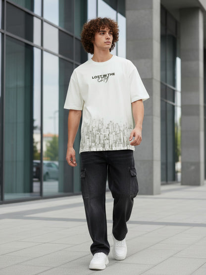 Men’s Cotton Blend Oversized T-Shirt – Minimal Text & Cityscape Print Casual Tee