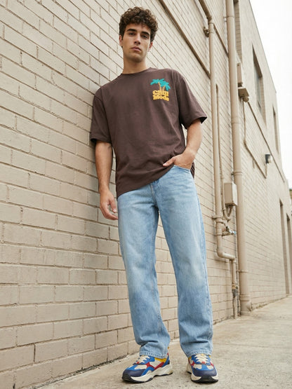 Men’s Brown Oversized Graphic T-Shirt – Tropical Palm Tree Back Print Streetwear Tee