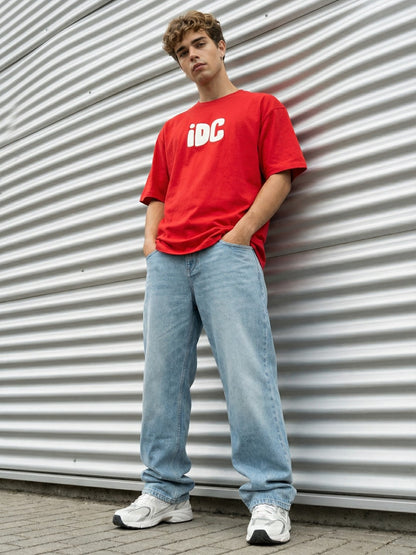 Men’s Oversized Red Graphic T-Shirt – “I Don’t Care” Back Print | Cotton Blend Drop Shoulder Streetwear Tee