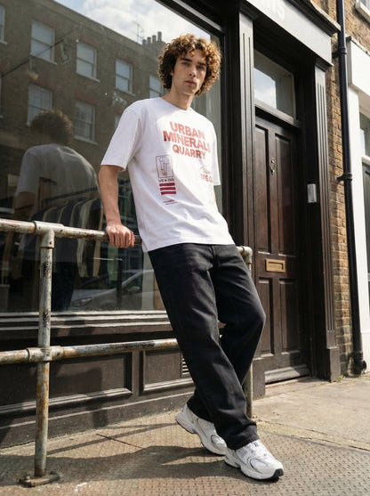 Men’s White Graphic T-Shirt – Urban Minerals Quarry Print | “Dig Without Limits” Streetwear Cotton Tee