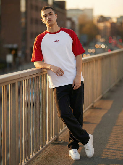 Oversized Raglan T-Shirt for Men – White Red Cotton Blend Casual Tee