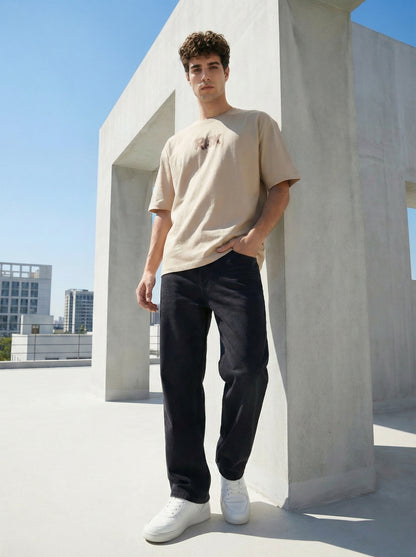 Men’s Beige Oversized Typography Graphic T-Shirt – “Risk is Better Than Regret” Back Print Cotton Blend Streetwear Tee