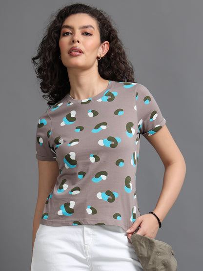Womens Printed Brown Croptop Tshirt