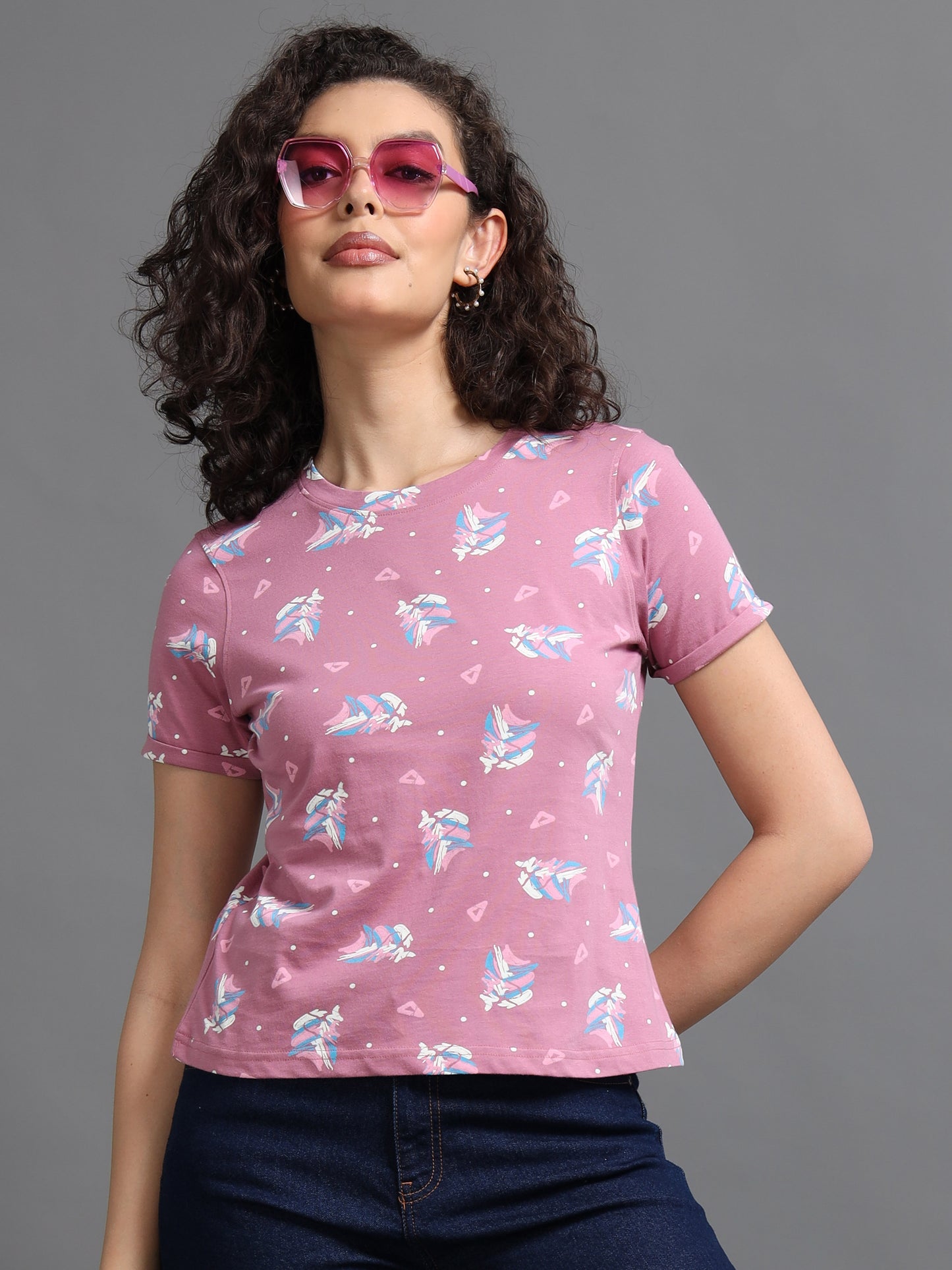 Womens Printed Pink Croptop Tshirt