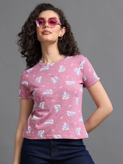 Womens Printed Pink Croptop Tshirt