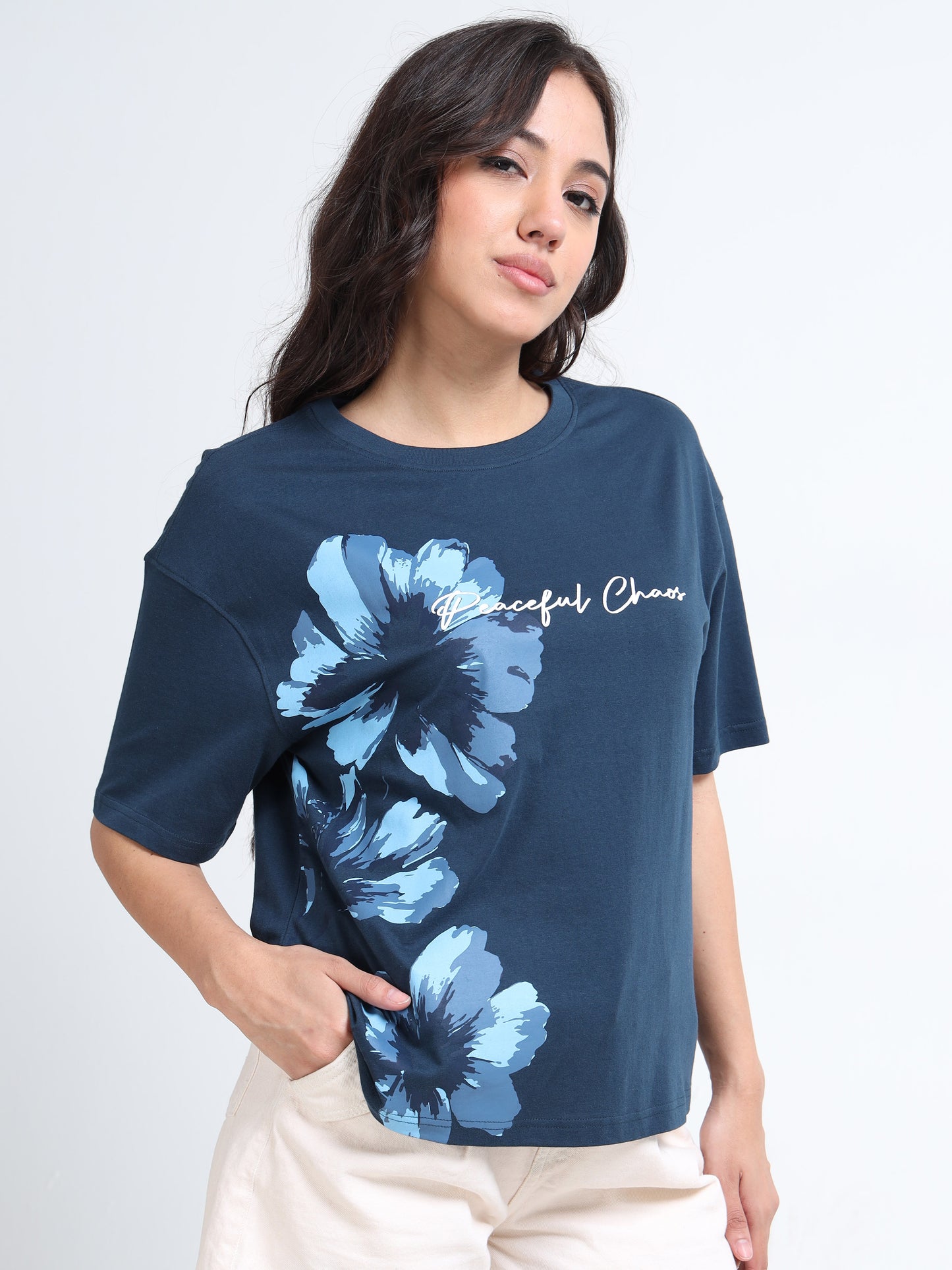 Womens Bottle Green Oversized Floral Graphic T-Shirt – Peaceful Chaos