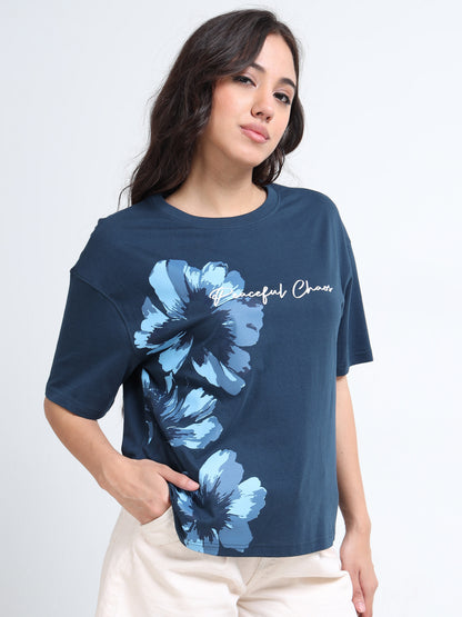 Womens Bottle Green Oversized Floral Graphic T-Shirt – Peaceful Chaos