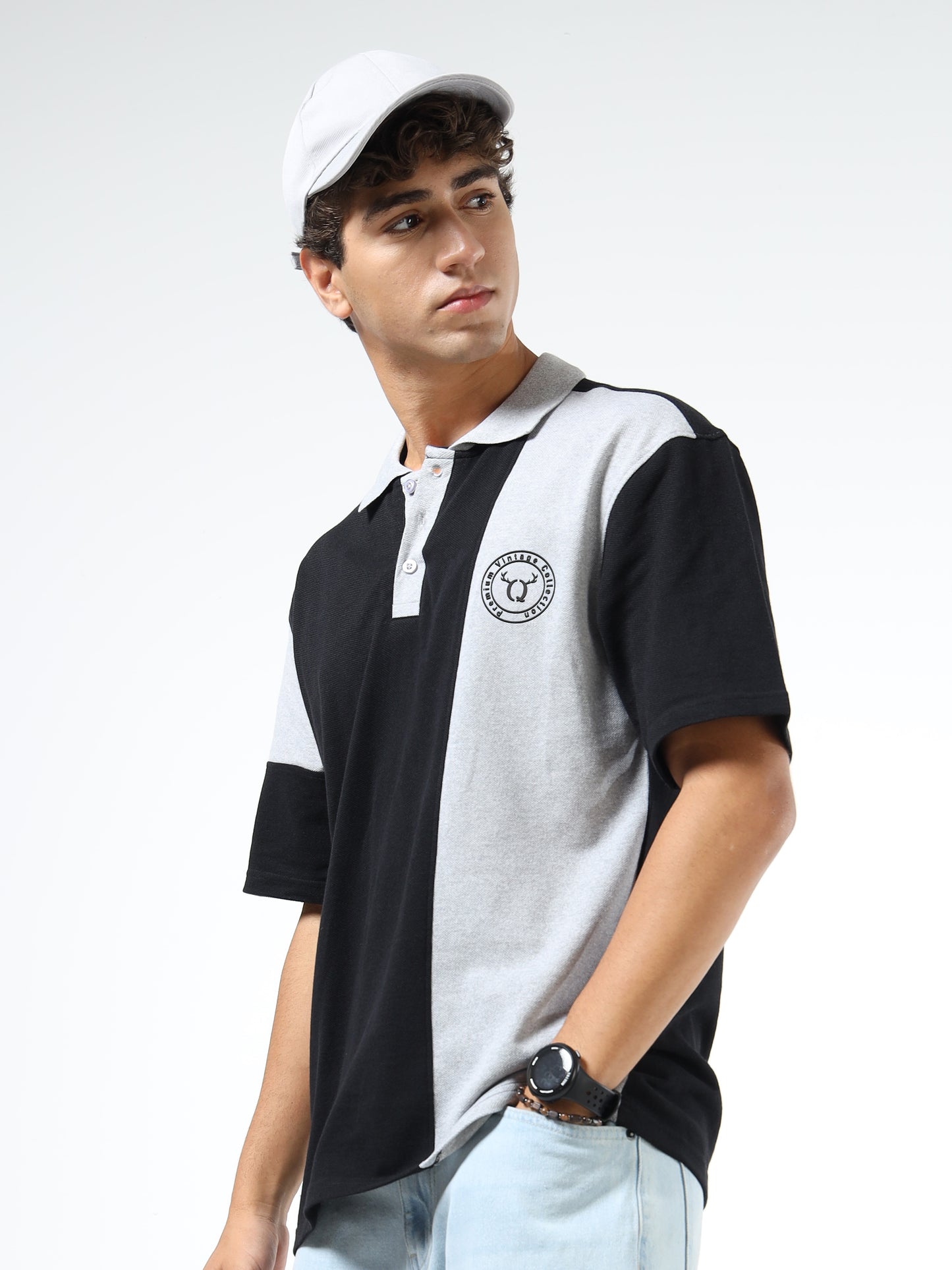 Men’s Black & Grey Colorblock Cotton Blend Polo T-Shirt with Chest Logo | Relaxed Fit Casual Tee