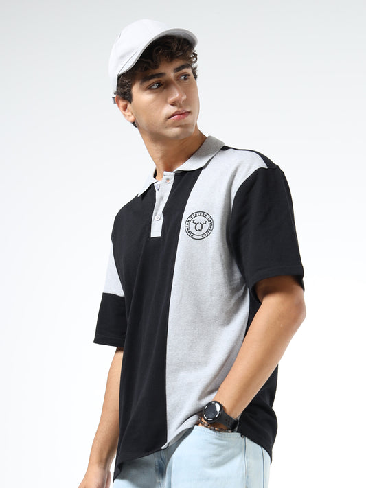 Men’s Black & Grey Colorblock Cotton Blend Polo T-Shirt with Chest Logo | Relaxed Fit Casual Tee