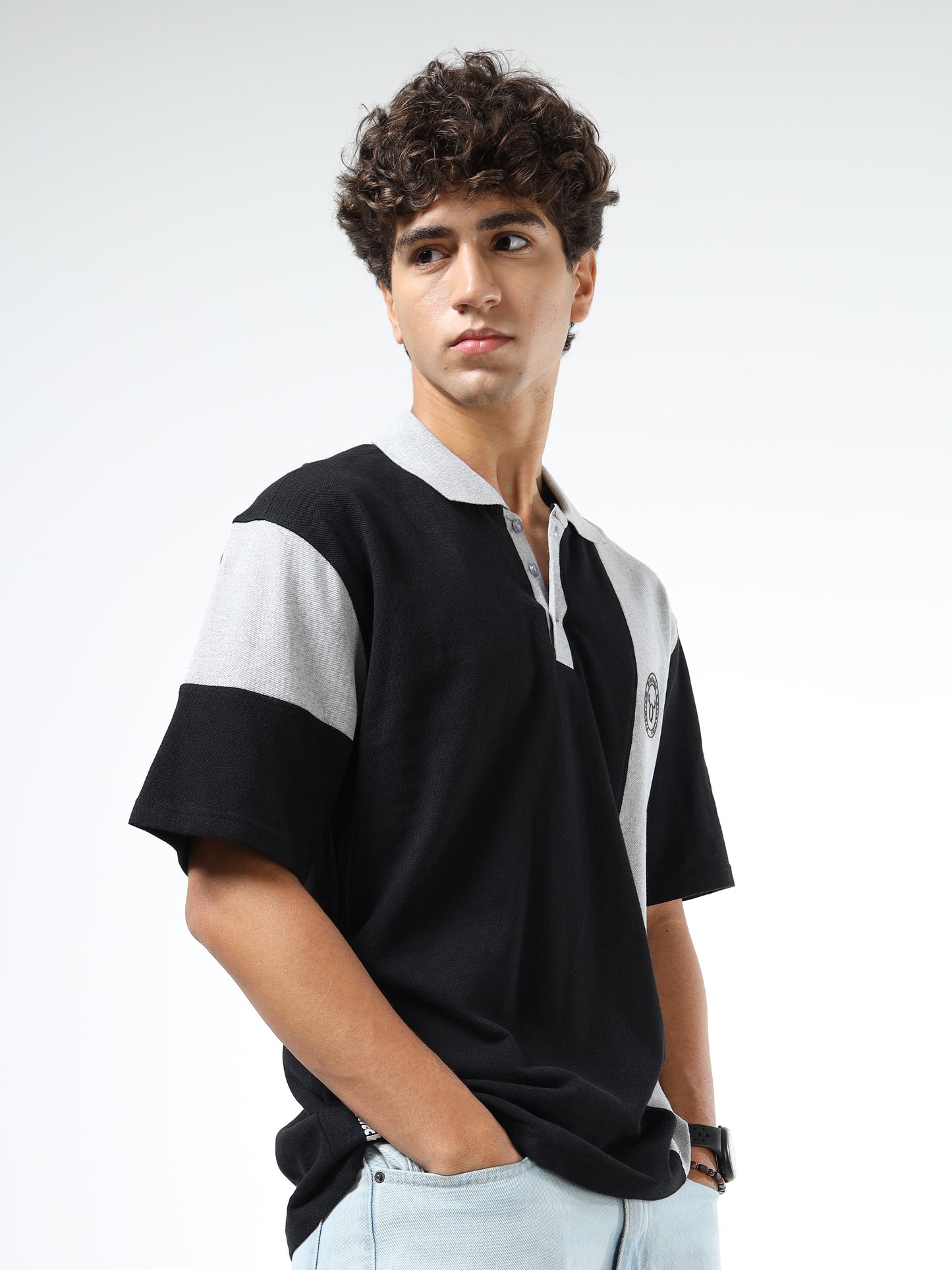 Men’s Black & Grey Colorblock Cotton Blend Polo T-Shirt with Chest Logo | Relaxed Fit Casual Tee