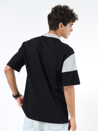 Men’s Black & Grey Colorblock Cotton Blend Polo T-Shirt with Chest Logo | Relaxed Fit Casual Tee