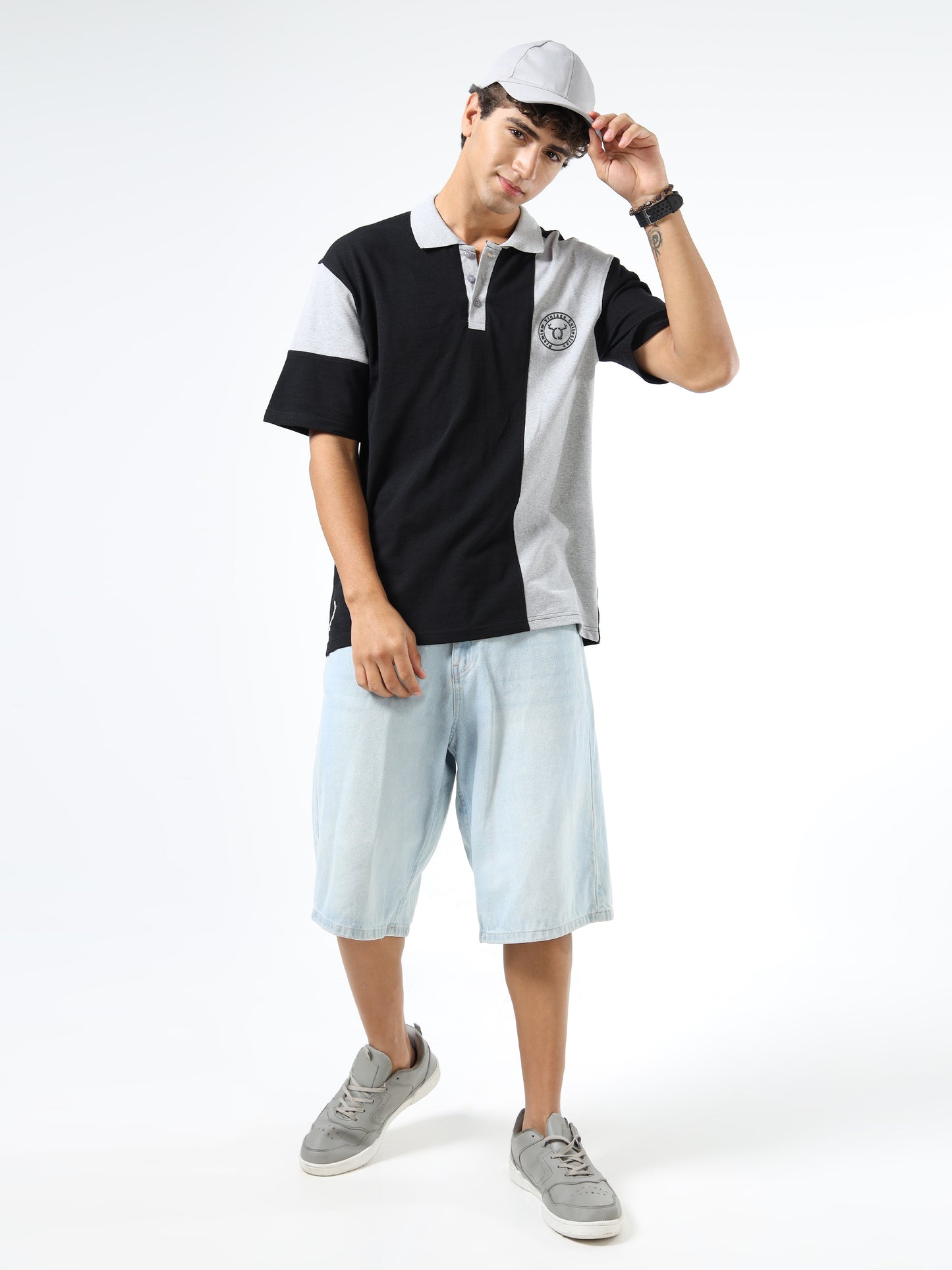 Men’s Black & Grey Colorblock Cotton Blend Polo T-Shirt with Chest Logo | Relaxed Fit Casual Tee