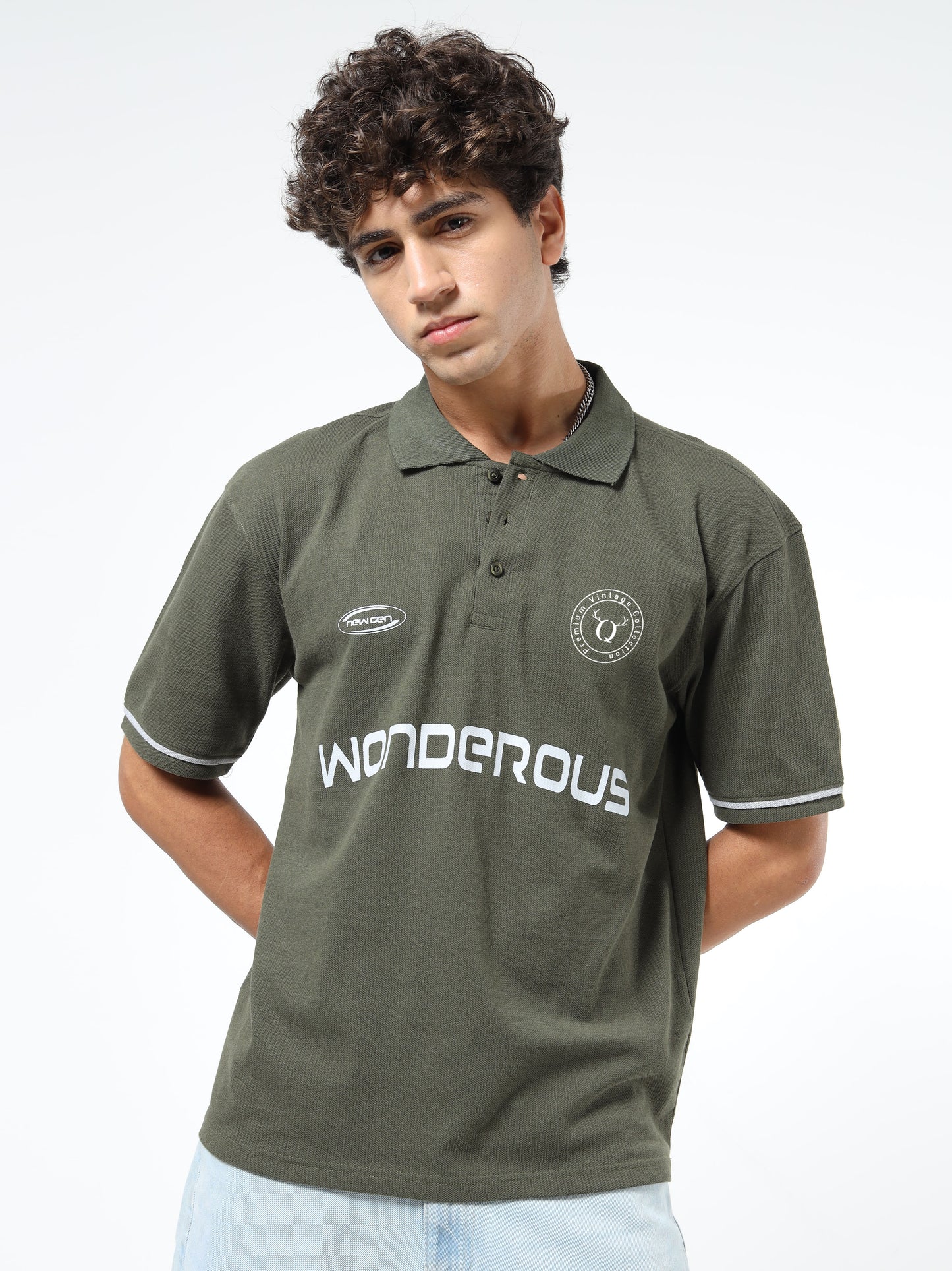 Men’s Olive Cotton Blend Printed Polo T-Shirt with Typography & Chest Logo | Relaxed Fit Casual Tee