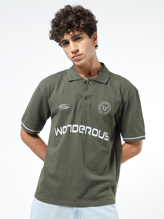 Men’s Olive Cotton Blend Printed Polo T-Shirt with Typography & Chest Logo | Relaxed Fit Casual Tee