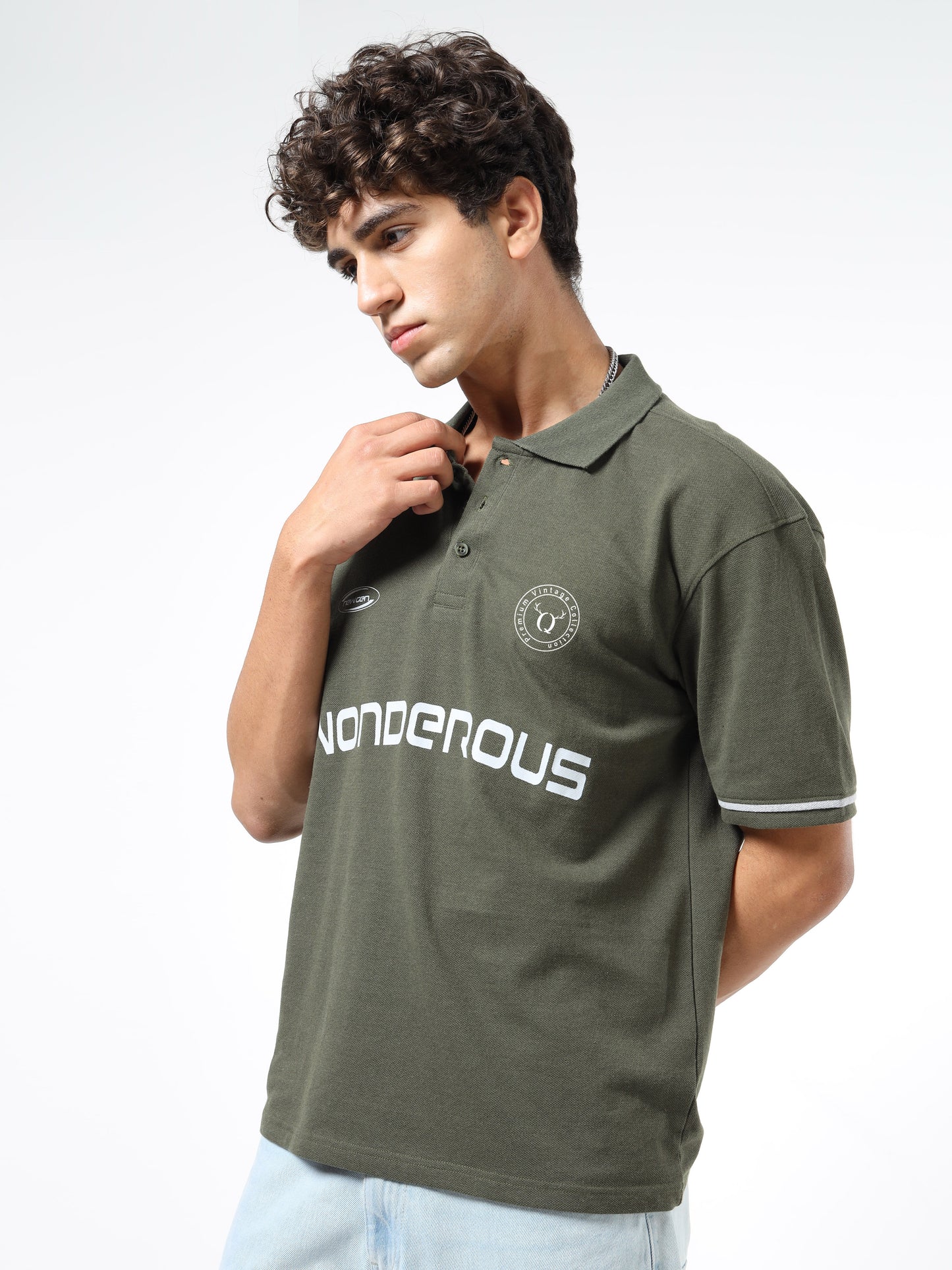 Men’s Olive Cotton Blend Printed Polo T-Shirt with Typography & Chest Logo | Relaxed Fit Casual Tee