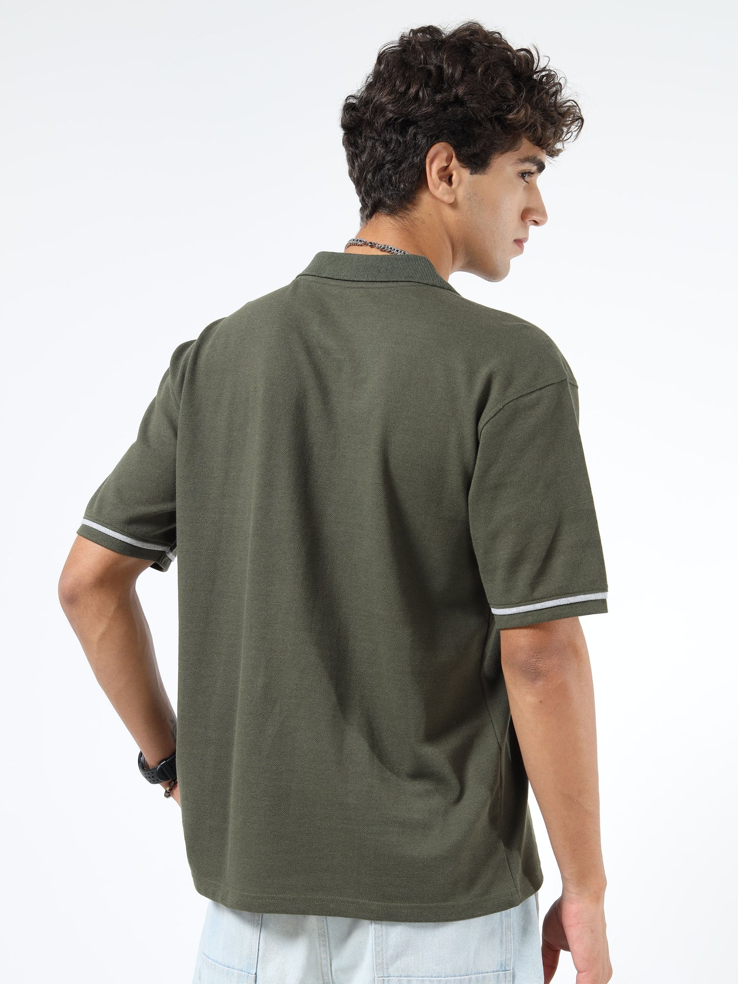Men’s Olive Cotton Blend Printed Polo T-Shirt with Typography & Chest Logo | Relaxed Fit Casual Tee