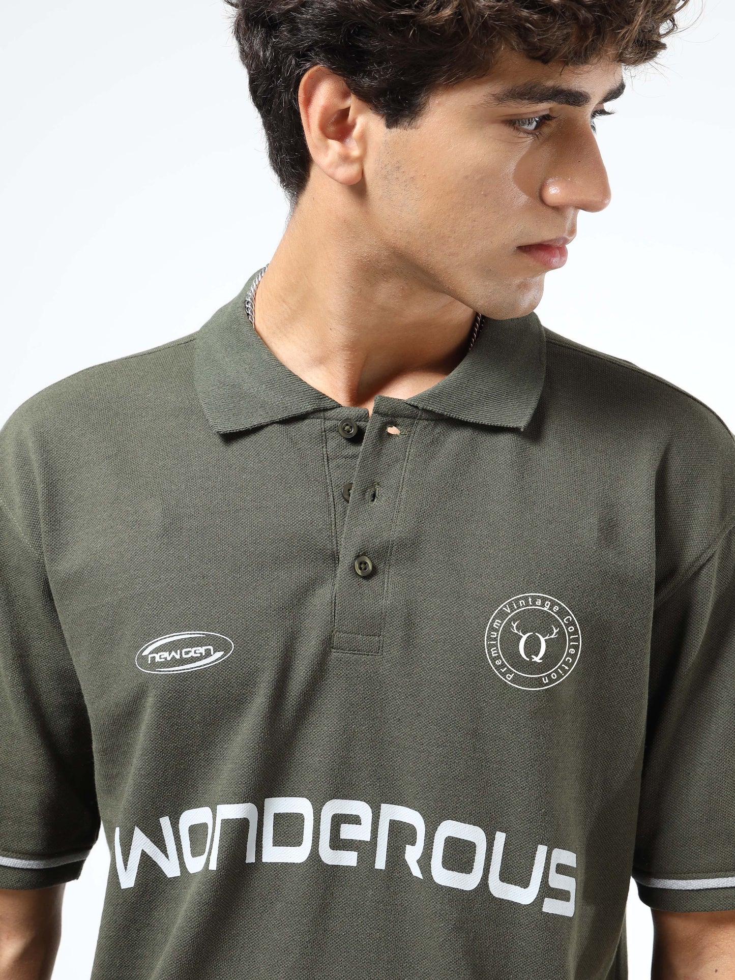 Men’s Olive Cotton Blend Printed Polo T-Shirt with Typography & Chest Logo | Relaxed Fit Casual Tee