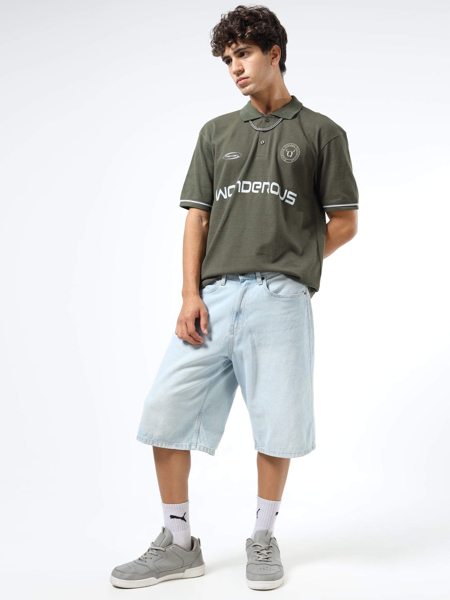 Men’s Olive Cotton Blend Printed Polo T-Shirt with Typography & Chest Logo | Relaxed Fit Casual Tee