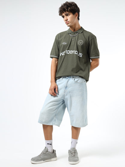 Men’s Olive Cotton Blend Printed Polo T-Shirt with Typography & Chest Logo | Relaxed Fit Casual Tee