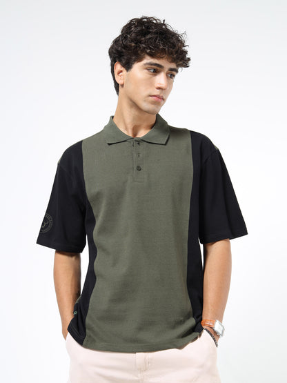 Men’s Olive Green & Black Colourblocked Polo | Knitted Cotton | Short Sleeves | Button Closure