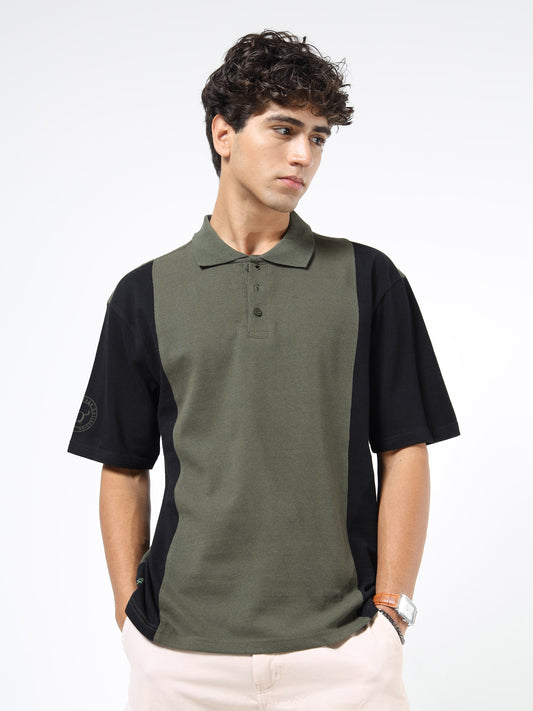 Men’s Olive Green & Black Colourblocked Polo | Knitted Cotton | Short Sleeves | Button Closure