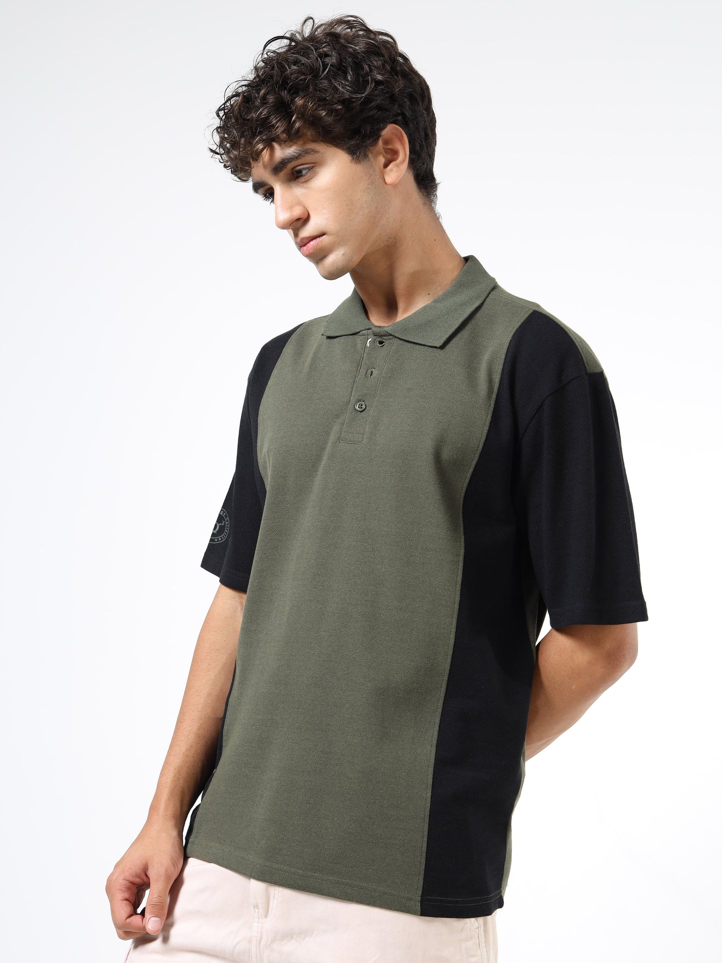 Men’s Olive Green & Black Colourblocked Polo | Knitted Cotton | Short Sleeves | Button Closure