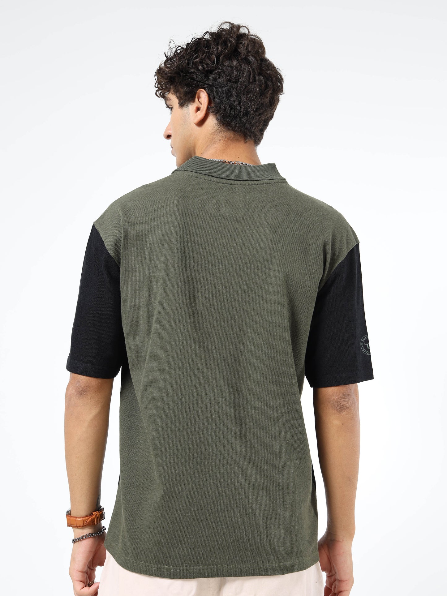 Men’s Olive Green & Black Colourblocked Polo | Knitted Cotton | Short Sleeves | Button Closure