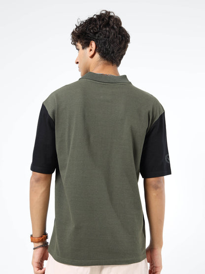 Men’s Olive Green & Black Colourblocked Polo | Knitted Cotton | Short Sleeves | Button Closure