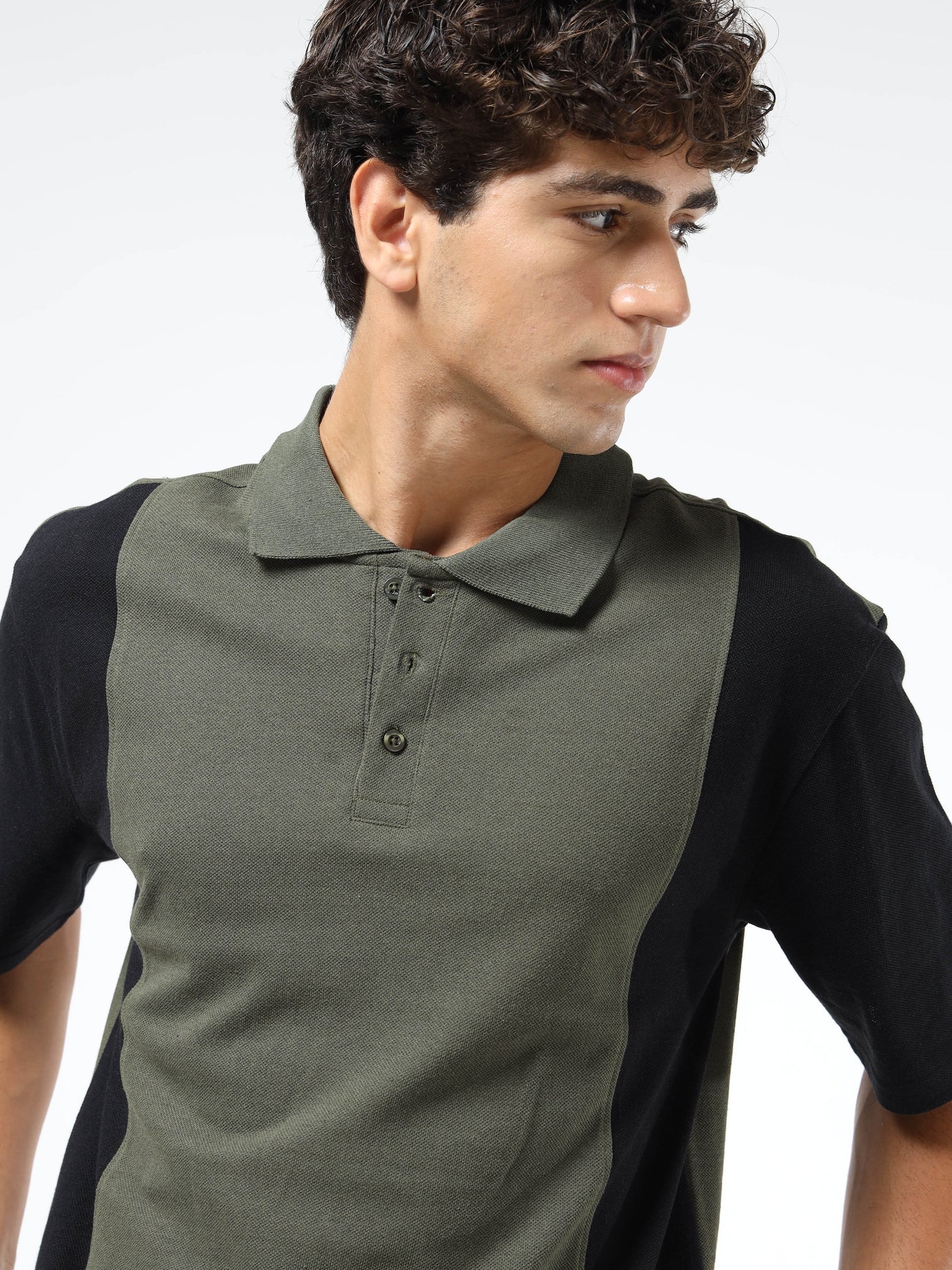 Men’s Olive Green & Black Colourblocked Polo | Knitted Cotton | Short Sleeves | Button Closure