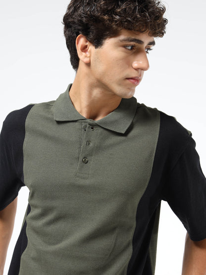 Men’s Olive Green & Black Colourblocked Polo | Knitted Cotton | Short Sleeves | Button Closure
