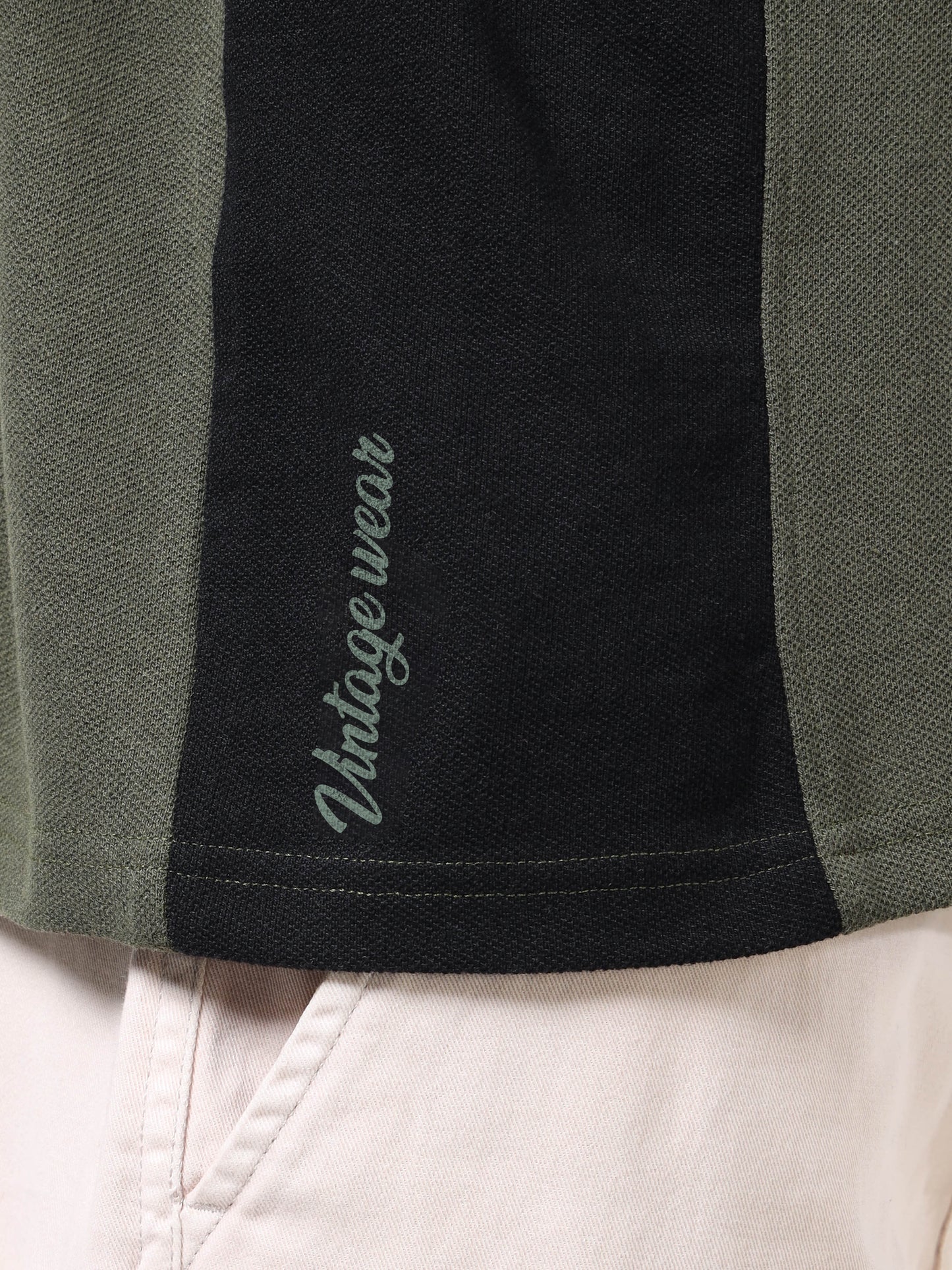 Men’s Olive Green & Black Colourblocked Polo | Knitted Cotton | Short Sleeves | Button Closure