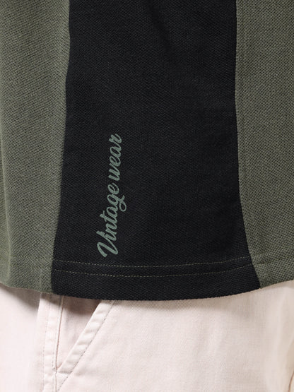 Men’s Olive Green & Black Colourblocked Polo | Knitted Cotton | Short Sleeves | Button Closure