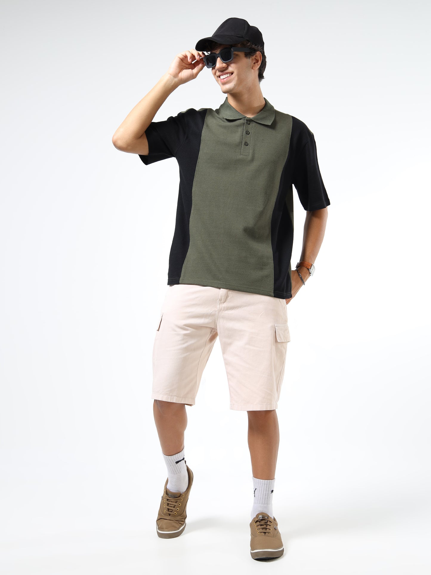 Men’s Olive Green & Black Colourblocked Polo | Knitted Cotton | Short Sleeves | Button Closure