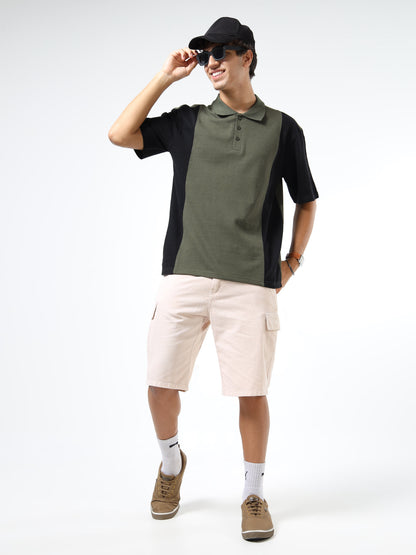 Men’s Olive Green & Black Colourblocked Polo | Knitted Cotton | Short Sleeves | Button Closure