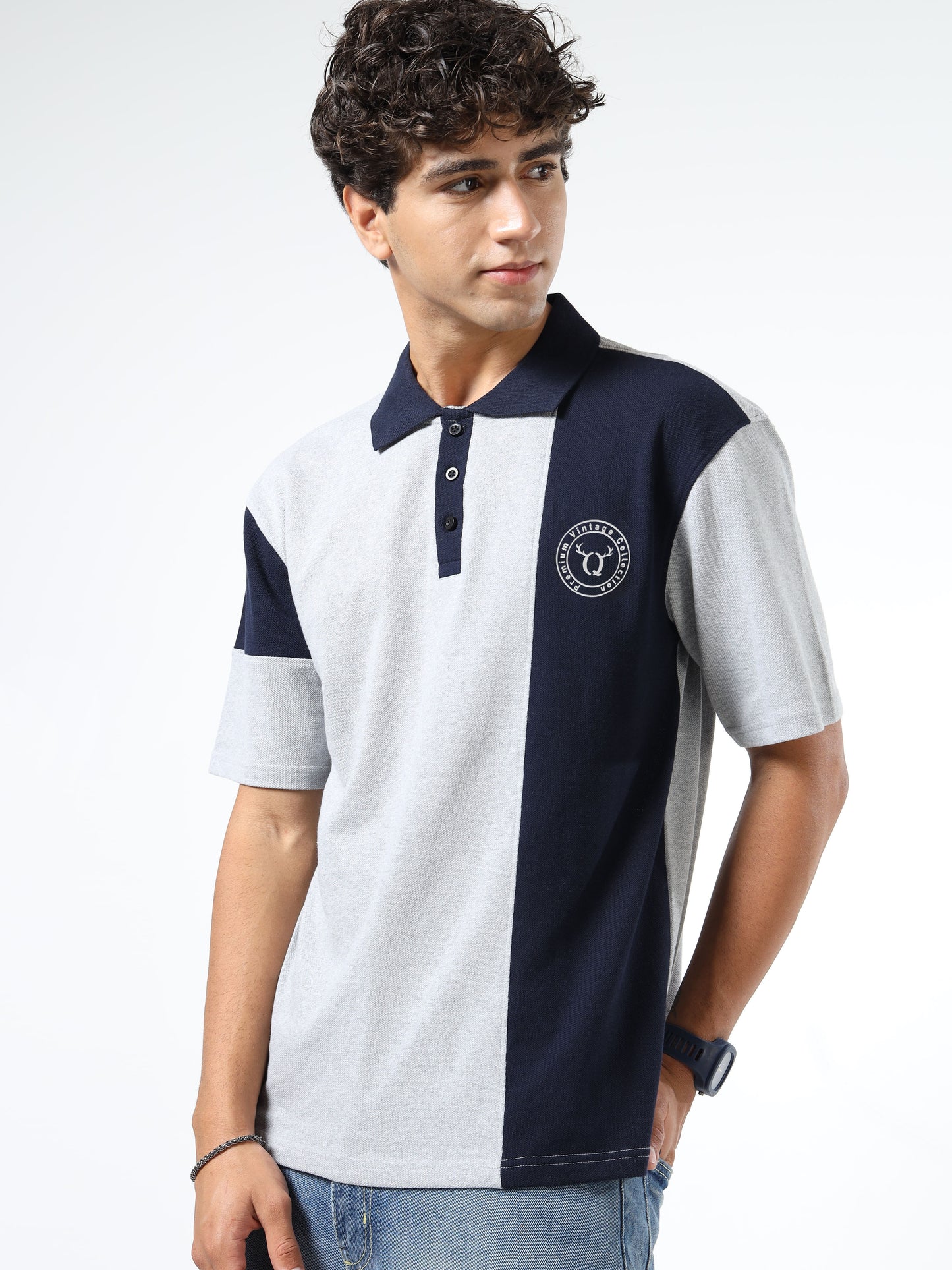 Men’s Grey & Navy Colorblock Cotton Blend Polo T-Shirt with Chest Logo | Relaxed Fit Casual Tee