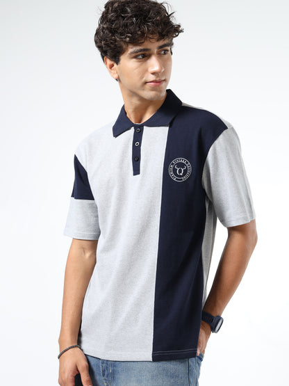 Men’s Grey & Navy Colorblock Cotton Blend Polo T-Shirt with Chest Logo | Relaxed Fit Casual Tee