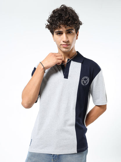 Men’s Grey & Navy Colorblock Cotton Blend Polo T-Shirt with Chest Logo | Relaxed Fit Casual Tee