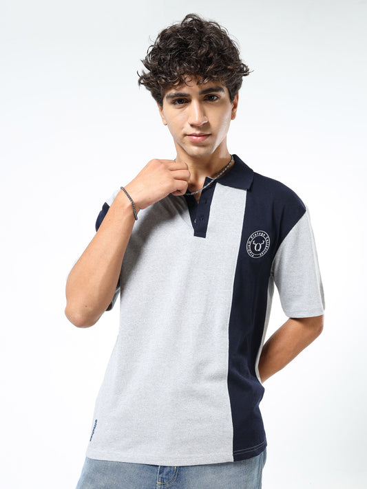 Men’s Grey & Navy Colorblock Cotton Blend Polo T-Shirt with Chest Logo | Relaxed Fit Casual Tee
