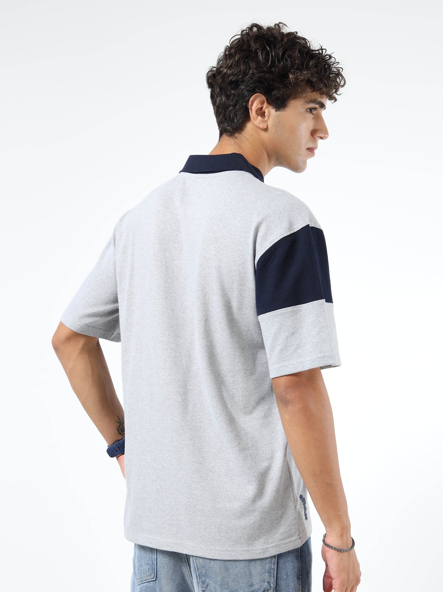 Men’s Grey & Navy Colorblock Cotton Blend Polo T-Shirt with Chest Logo | Relaxed Fit Casual Tee